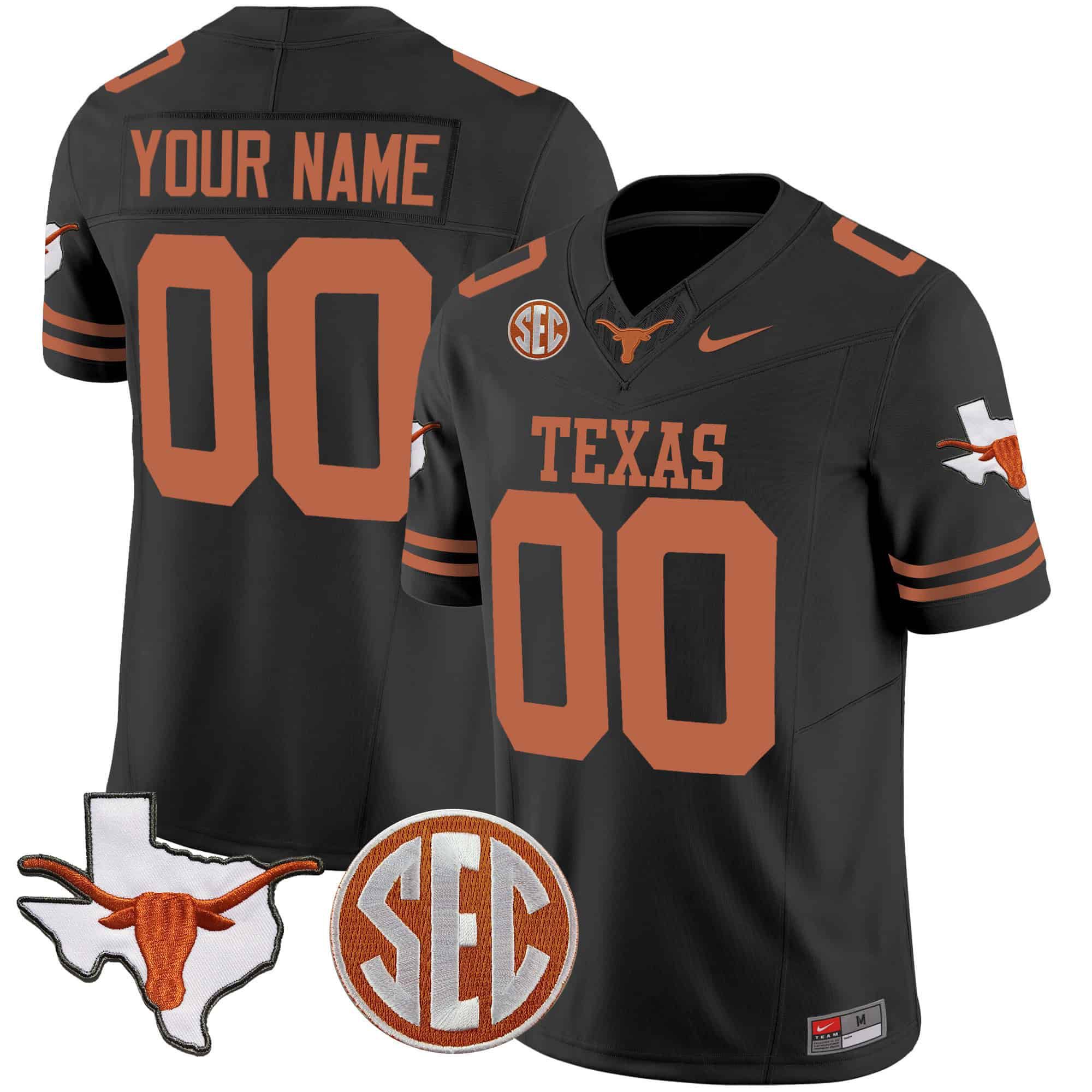 Men Texas Longhorns Black 2024 Nike State Map & SEC Patch Vapor Custom NCAA Jersey style 1->customized nfl jersey->Custom Jersey